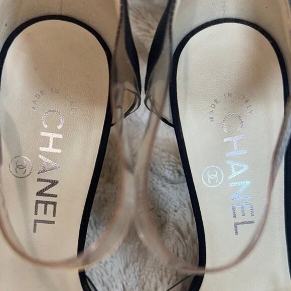 CHANEL Black & Transparent Ankle Strap Heels Size 37.5/ US 7 Made In Italy - Picture 4 of 14